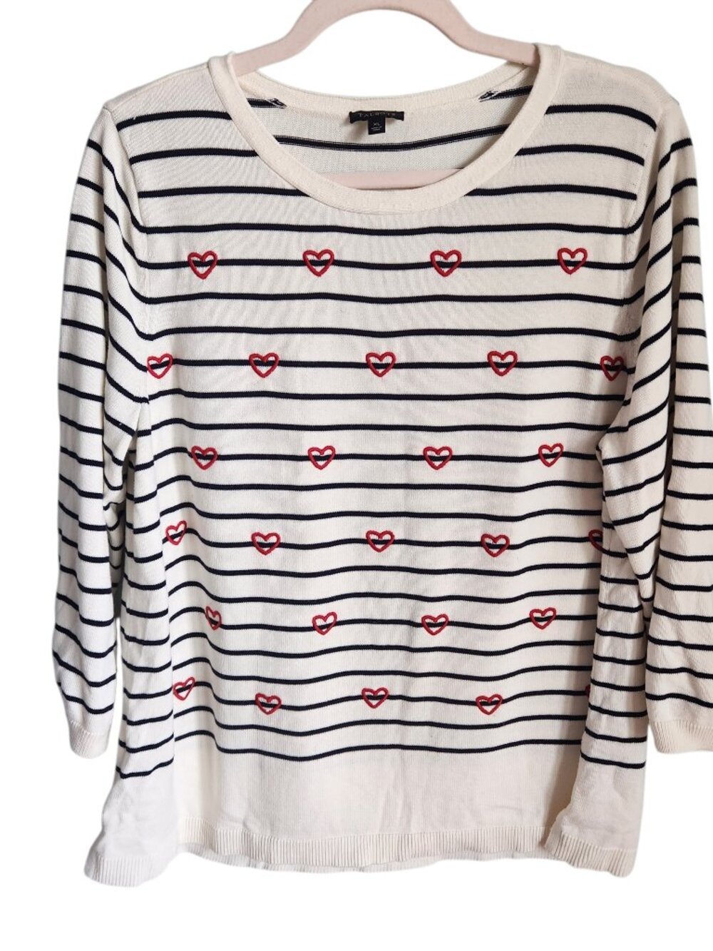 Talbots Sweater XL Ivory Women's Hearts and Stripes Crewneck 3/4 Sl Lightweight